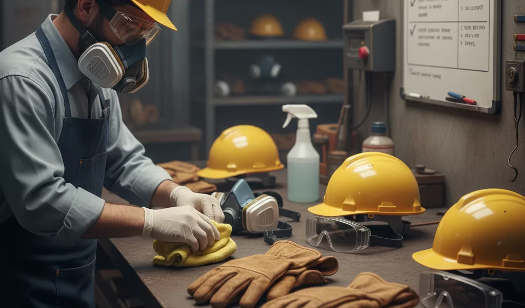 Worker wearing safety goggles and face shield for eye and face protection
