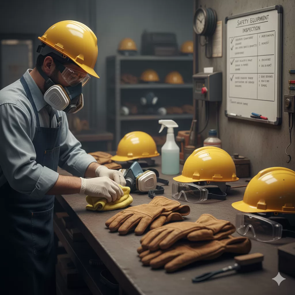 Worker wearing safety goggles and face shield for eye and face protection