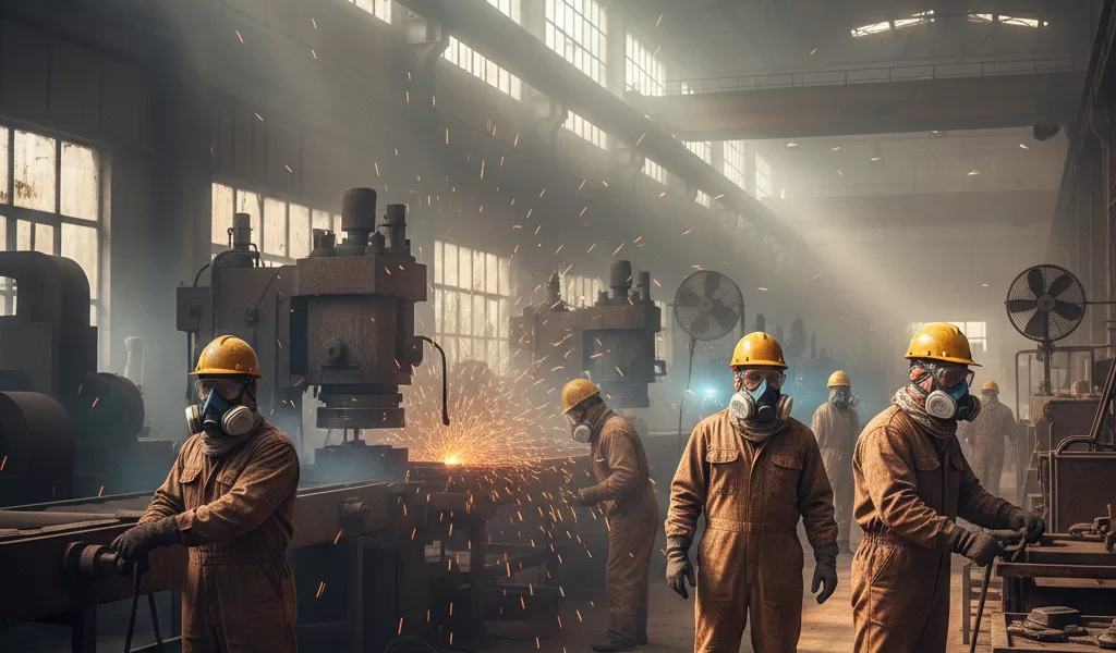Worker wearing N95 respirator for respiratory protection in industrial workplace