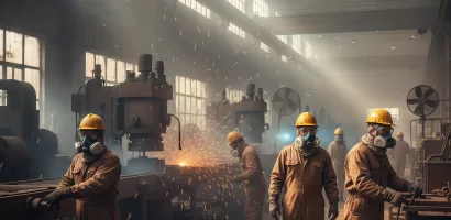 Worker wearing N95 respirator for respiratory protection in industrial workplace