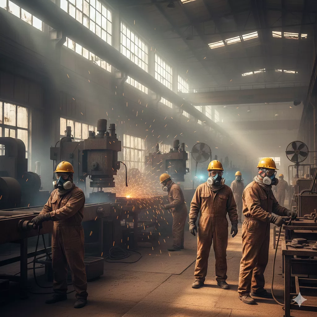 Worker wearing N95 respirator for respiratory protection in industrial workplace